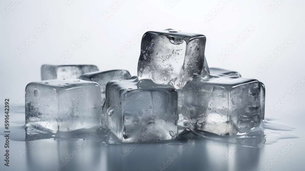 Natural crystal clear melting ice cubes on white reflective surface background, Created using generative AI tools. Natural crystal clear melting ice cubes on white reflective surface background, Created using generative AI tools.