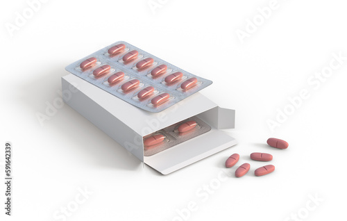 Cardbox packaging with two blisters red vitamin pills on a transparent background. 3d rendering