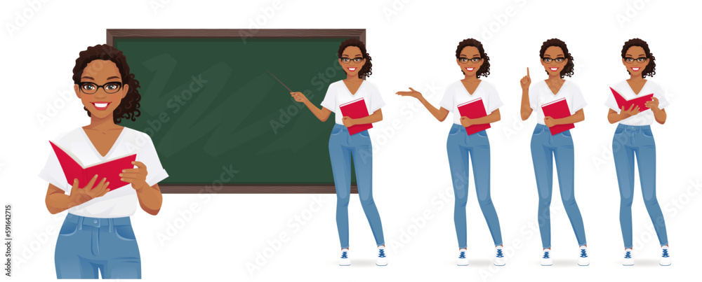 Obraz premium Female young teacher in casual clothes at blackboard with copy space showing something using pointer stick isolated vector illustration