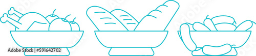 plate with food, chicken with apples loaf and bread, sausages and sausages in a plate, dinner table, holiday table with food, disassembled into convenient layers