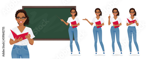 Female young teacher in casual clothes at blackboard with copy space showing something using pointer stick isolated vector illustration