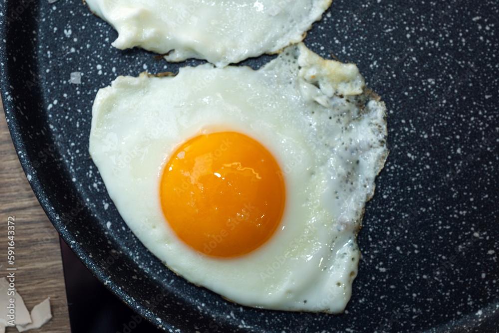 Fried egg in a frying pan on electric stove Fried egg in a frying pan on electric stove