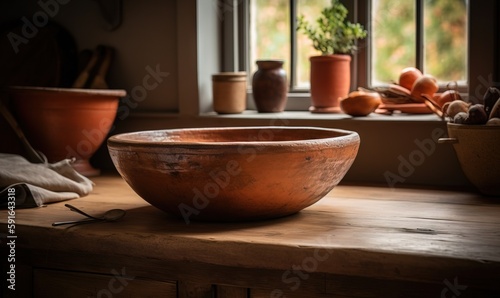  a wooden bowl sitting on top of a table next to a window. generative ai
