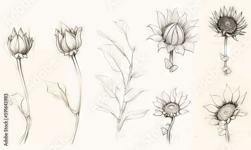  a bunch of drawings of flowers on a white background, each with a single stem. generative ai
