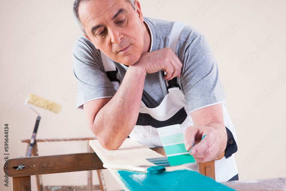 Senior Man Comparing Paint Sample to Painted Board, Studio Shot Senior Man Comparing Paint Sample to Painted Board, Studio Shot