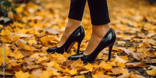 Beautiful female legs in high-heeled shoes stand on yellow autumn leaves, close-up. Generative AI