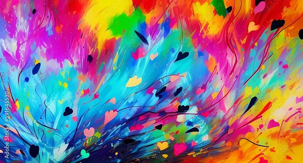 An explosion of hearts in a variety of colors on an abstract canvas Hyperrealistic, splash art, concept art, mid shot, generated with AI