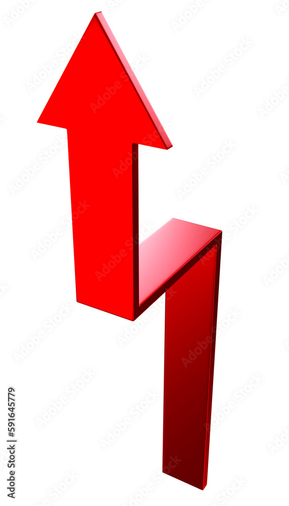 Red pointer up. Three-dimensional curved arrow. Pointer isolated on white. Application design template. Arrow element for website. Red arrow for growing numbers. Graph, chart. 3d image Red pointer up. Three-dimensional curved arrow. Pointer isolated on white. Application design template. Arrow element for website. Red arrow for growing numbers. Graph, chart. 3d image