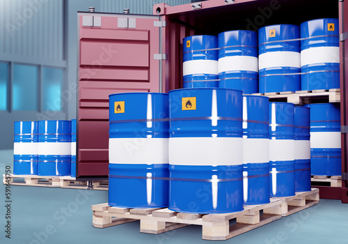 Blue barrels in containers....