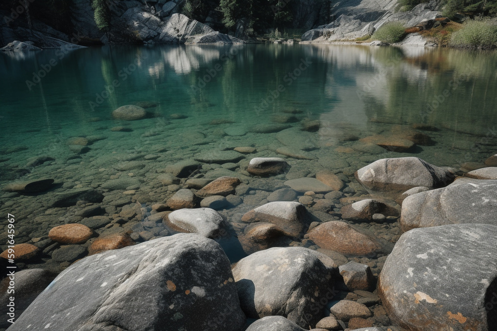 A lake with rocks and trees in the background