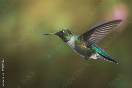 A hummingbird with green and blue wings and a green head with a blue head and a green head.