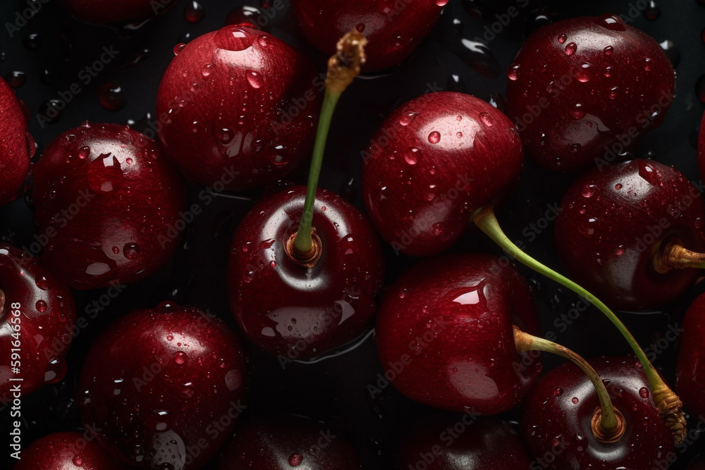 A bowl of cherries with water droplets on the top