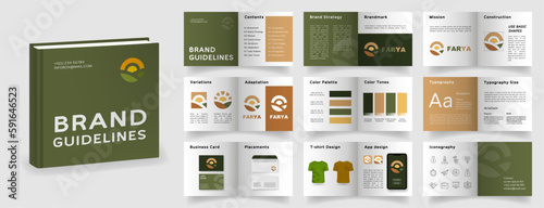 Brand Guidelines template. Green and Brown Logo Guideline template. Brand Manual presentation mockup. Logo Guide Book layout. Logotype presentation photo