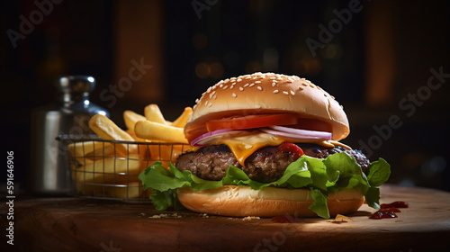Showcase a juicy, fully loaded burger with all the fixings, such as lettuce, tomato, cheese, and onion, accompanied by a side of fries
