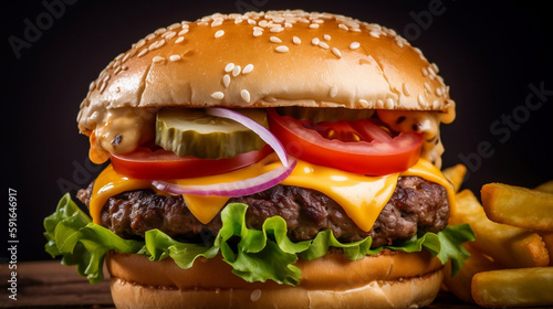 Showcase a juicy, fully loaded burger with all the fixings, such as lettuce, tomato, cheese, and onion, accompanied by a side of fries