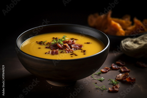 A bowl of pumpkin soup with bacon on the side photo