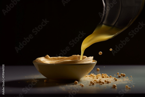 A bowl of peanut butter with a spoon pouring it into it.