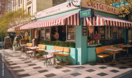  a restaurant with a checkered floor and a striped awning. generative ai