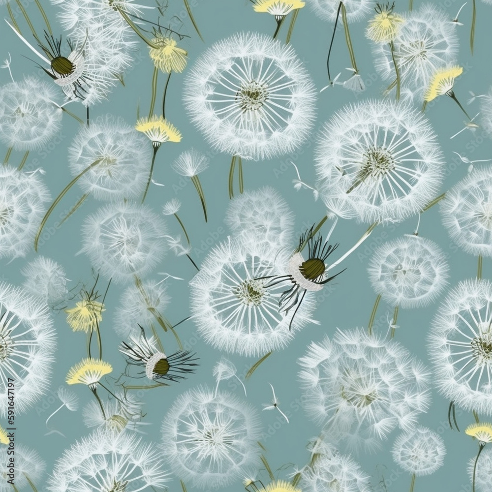Obraz premium Seamless pattern from white dandelion inflorescence in classic summer shades green. Fabric design. Close-up. Generative Ai content.