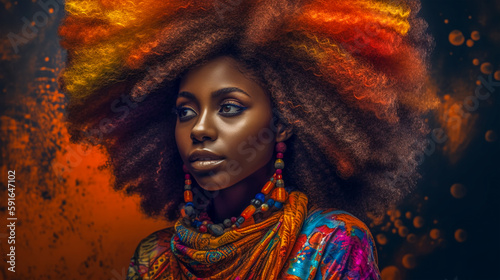 Black beauty woman with colorful afro hair. Cheerful carefree girl with bright makeup at festival. Afro hairstyle. Generative AI. 