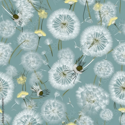 Seamless pattern from white dandelion inflorescence in classic summer shades green. Fabric design. Close-up. Generative Ai content.