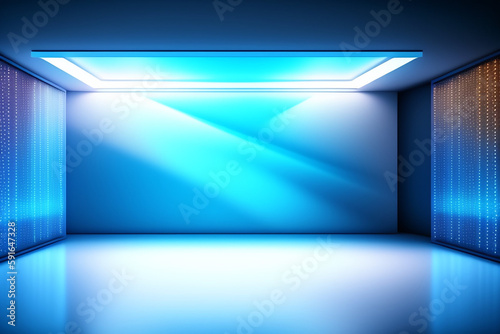 Interior blue futuristic background, sci-fi interior concept. Empty interior with neon lights 3D illustration. 3D rendering Abstract blue room. 