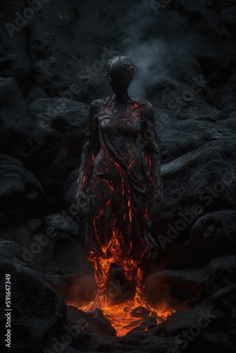 A shape of a woman made of molten rock and lava