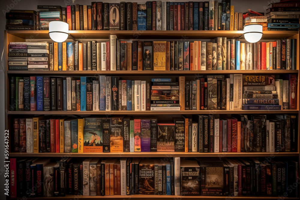 A bookshelf with books arranged by genre, World Book Day Generative AI A bookshelf with books arranged by genre, World Book Day Generative AI