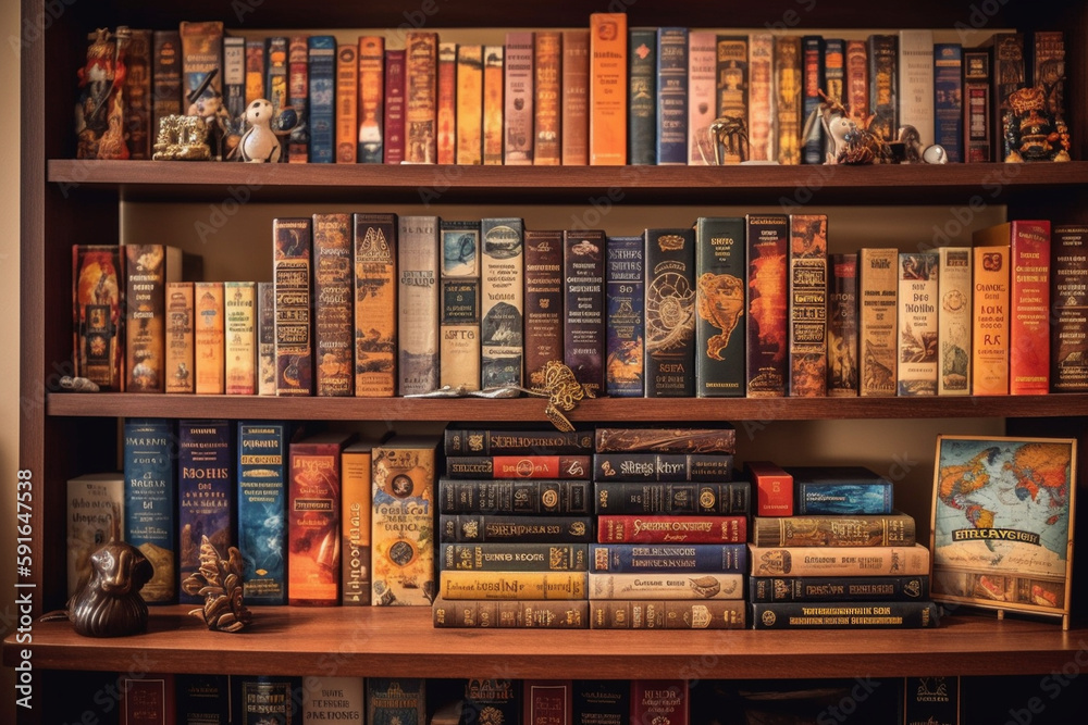 A bookshelf with books arranged by genre, World Book Day Generative AI