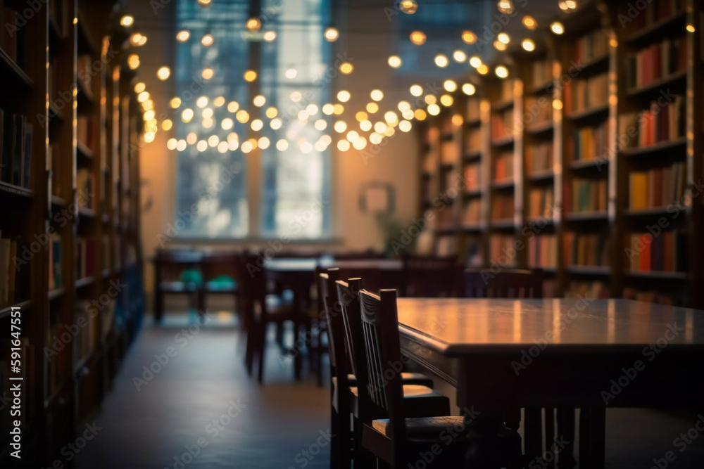 A library with empty chairs and tables, bokeh, World Book Day Generative AI A library with empty chairs and tables, bokeh, World Book Day Generative AI