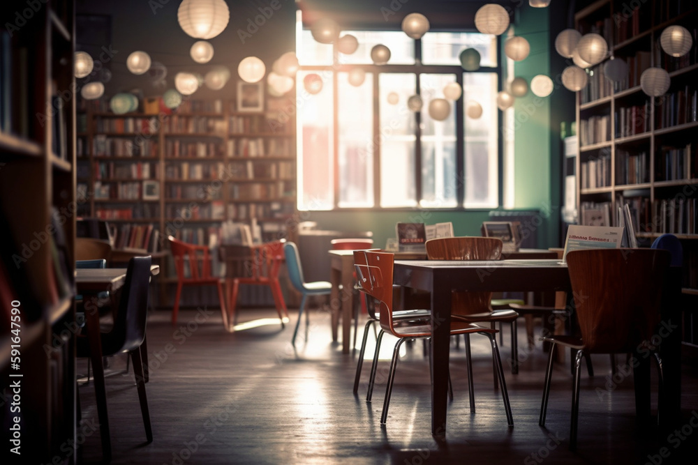 A library with empty chairs and tables, bokeh, World Book Day Generative AI