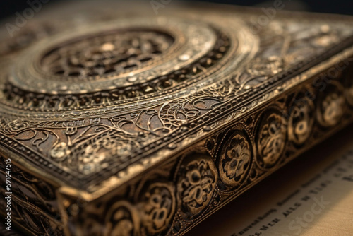 A close-up of a book cover with intricate details, bokeh, World Book Day Generative AI