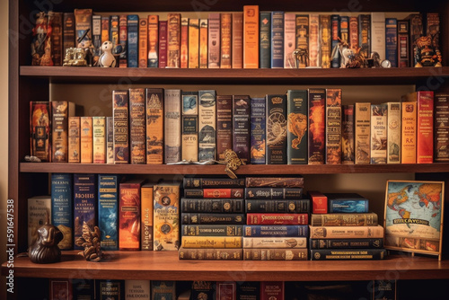 A bookshelf with books arranged by genre, World Book Day Generative AI