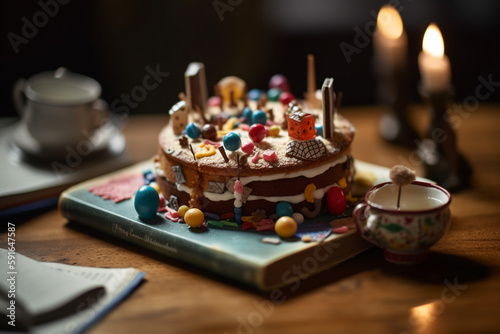 A book-themed cake or dessert with no one in the frame, bokeh, World Book Day Generative AI © Катерина Євтехова