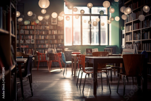A library with empty chairs and tables  bokeh  World Book Day Generative AI