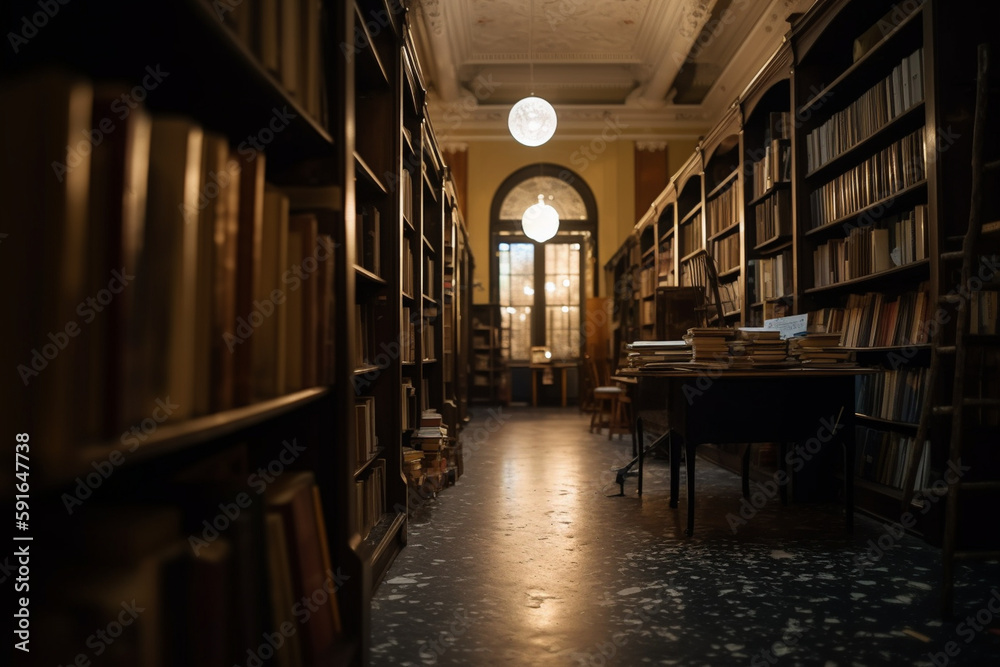 A picture of a library with bookshelves and no people, bokeh, World Book Day Generative AI