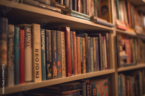 A picture of a bookshelf with books arranged by publication date, bokeh, World Book Day Generative AI