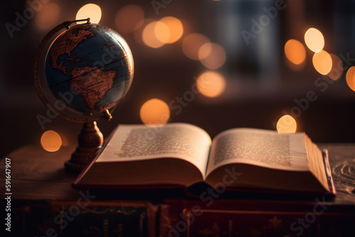 A picture of a book with a globe next to it, bokeh, World Book Day Generative AI