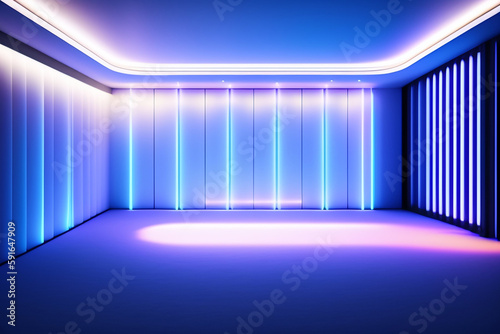 Interior blue futuristic background, sci-fi interior concept. Empty interior with neon lights 3D illustration. 3D rendering Abstract blue room. 