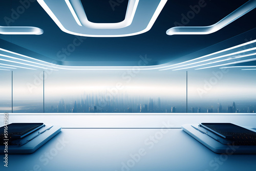 Interior blue futuristic background, sci-fi interior concept. Empty interior with neon lights 3D illustration. 3D rendering Abstract blue room. 