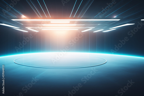 Interior blue futuristic background, sci-fi interior concept. Empty interior with neon lights 3D illustration. 3D rendering Abstract blue room. 