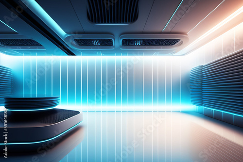 Interior blue futuristic background, sci-fi interior concept. Empty interior with neon lights 3D illustration. 3D rendering Abstract blue room. 