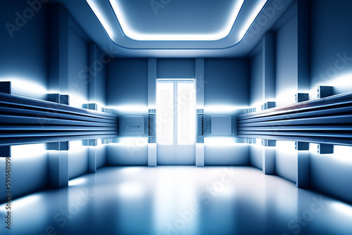 Interior blue futuristic background, sci-fi interior concept. Empty interior with neon lights 3D illustration. 3D rendering Abstract blue room. 