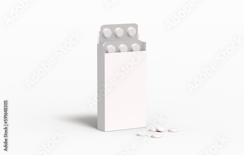 White circle pills in pack with two blisters in cardbox packaging on a transparent background. 3d rendering