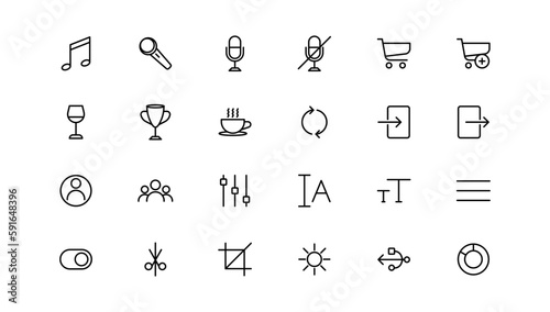 Basic icons set. Thin line icons collection. Business, Media, Shopping, Finance, Contact, Technology, Commerce icon collection