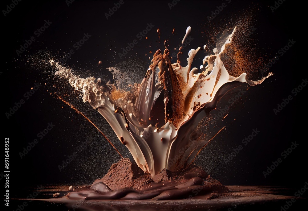Black background with milk splash and eruption of chocolate powder ...