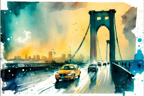 Fototapeta abstract expressionist watercolor of Verrazano bridge retro taxi cabs traffic oc
