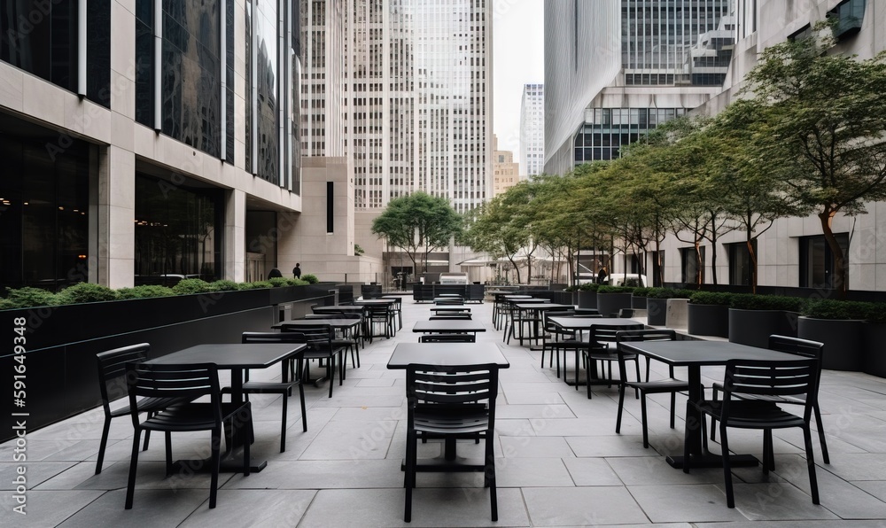  tables and chairs are lined up along a city street with tall buildings in the background.  generative ai