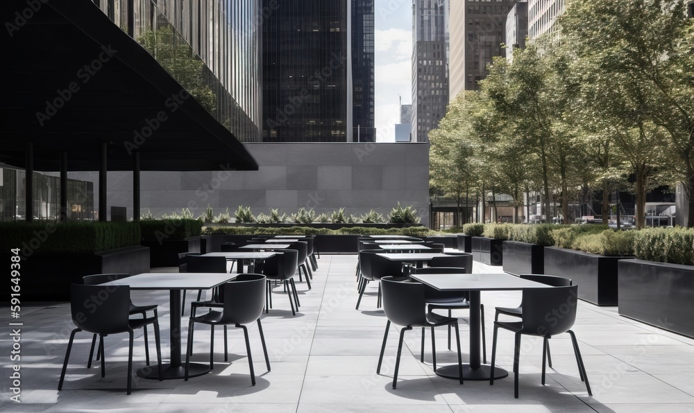  a row of tables and chairs on a sidewalk in a city.  generative ai