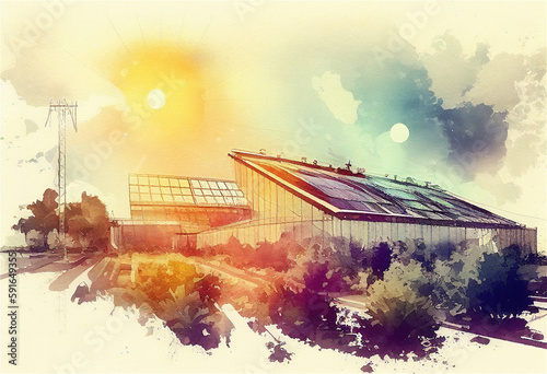 Solar Energy Roof Farm in Watercolor Style